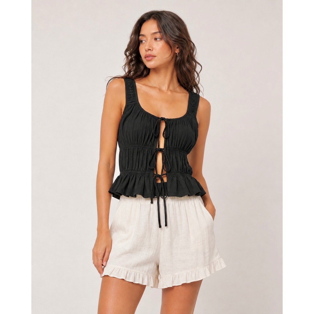 Abercrombie & Fitch Linen Blend Ruched Front Tie Tank Top Black Size Large